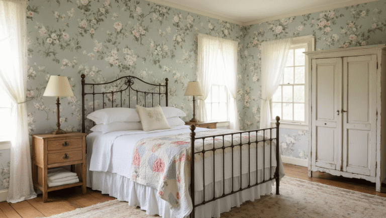 Cottage Bedroom Wallpaper Ideas: Creating Your Dream Rustic Retreat A bright and charming cottage bedroom featuring a wrought iron bed with white linens and a vintage quilt, surrounded by muted floral wallpaper, with sunlight streaming through lace curtains and warm wooden floors.
