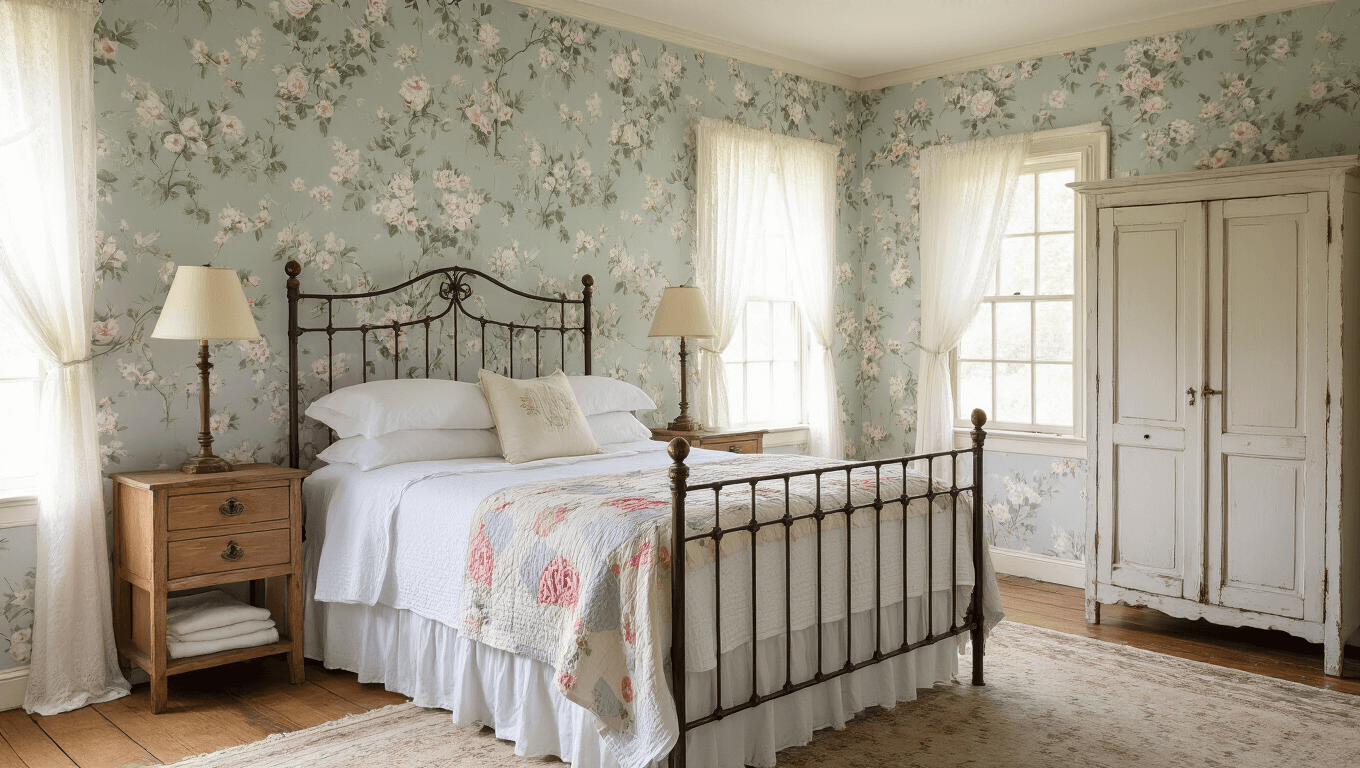 A bright and charming cottage bedroom featuring a wrought iron bed with white linens and a vintage quilt, surrounded by muted floral wallpaper, with sunlight streaming through lace curtains and warm wooden floors.