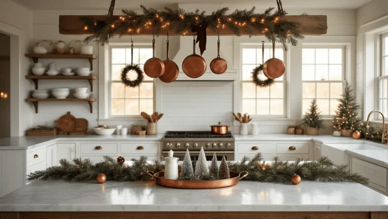 Photorealistic interior of a warmly lit farmhouse kitchen during golden hour, featuring white shaker cabinets with pine wreaths, vintage copper cookware, Carrara marble countertops with decorative elements, open shelving with ironstone dishes, and a fresh pine and eucalyptus garland.