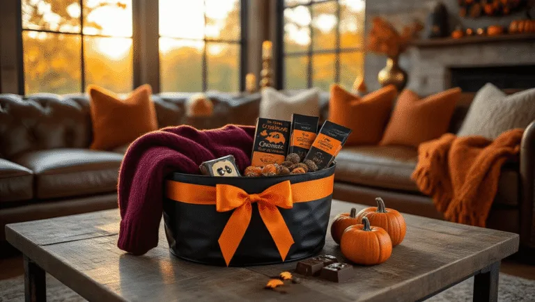 A cozy Halloween boo basket overflowing with curated goodies sits on a weathered wooden coffee table in a modern rustic living room bathed in warm golden hour light, featuring autumnal decor, plush textures, and rich warm tones.