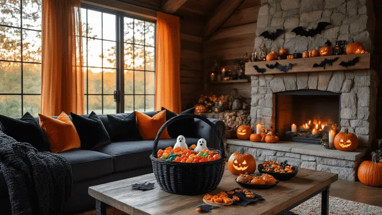 Cinematic wide shot of a cozy rustic living room at golden hour, showcasing a plush sectional sofa, an elegant fireplace, and a Boo Basket overflowing with Halloween treats, with warm autumn sunlight streaming through a bay window.