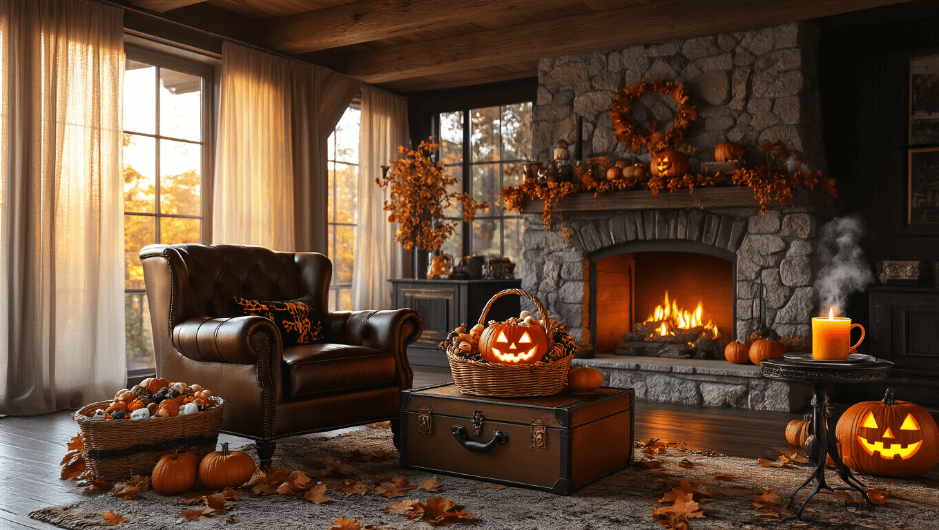 A cozy Halloween-themed living room at golden hour, featuring a plush leather armchair, stone fireplace, jack-o'-lantern candle, and a boo basket filled with treats, surrounded by autumn leaves and miniature pumpkins.