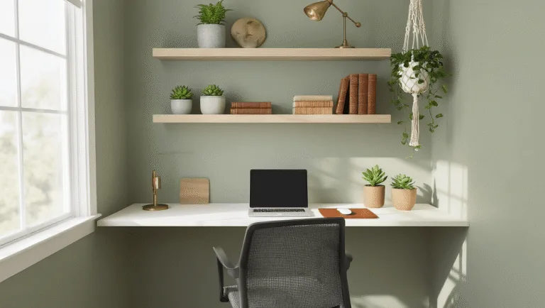 Cozy home office nook with a white oak desk, sage green wall, ergonomic chair, minimal floating shelves, and warm natural light.