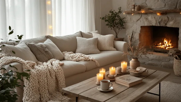 A cozy Scandinavian living room featuring a plush beige linen sofa with chunky knit throws, soft cushions, and a weathered wooden coffee table adorned with beeswax candles and a steaming mug of tea, all bathed in warm natural light during golden hour.