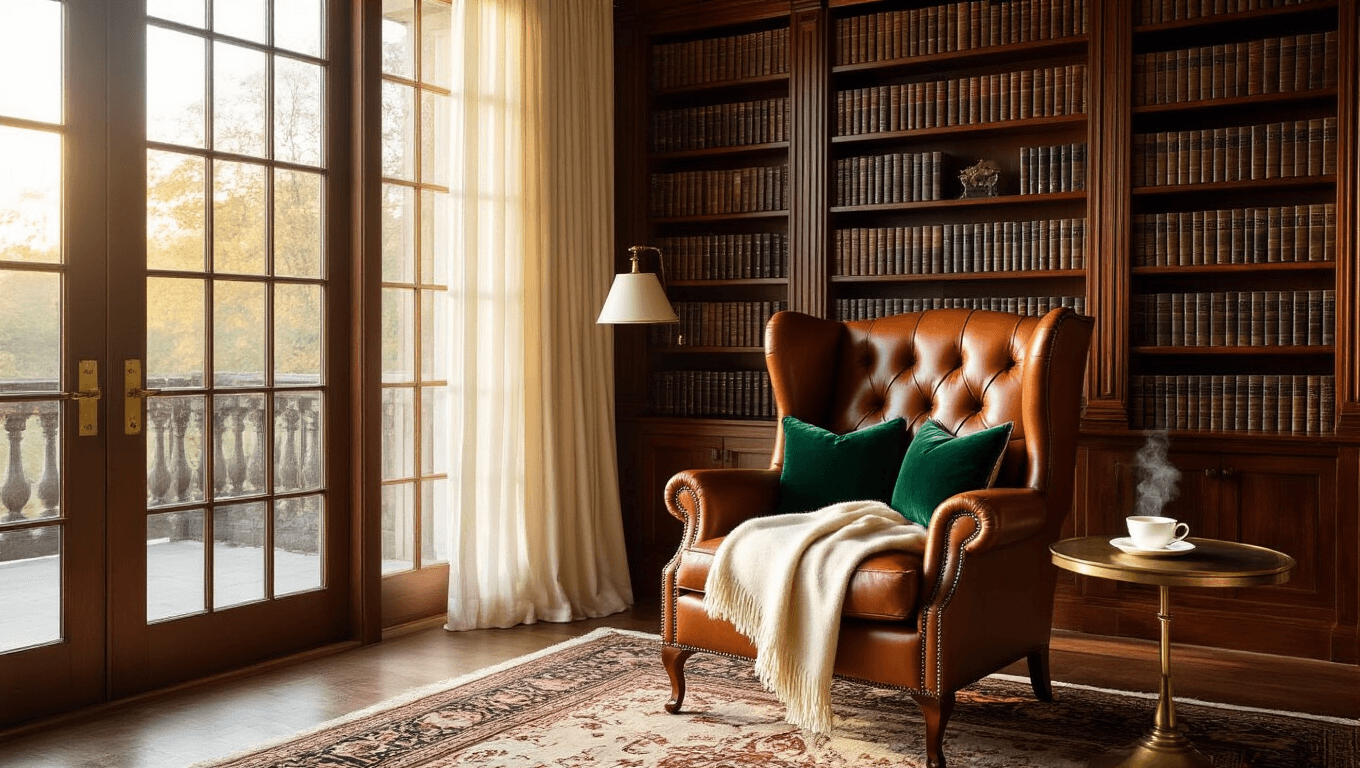 A luxurious home library featuring a cognac leather wingback armchair with a cream cashmere throw and velvet emerald green pillows, surrounded by floor-to-ceiling walnut bookshelves filled with color-coordinated books, illuminated by warm afternoon sunlight streaming through bay windows, casting shadows across a vintage Persian rug. A brass Art Deco lamp and a side table with a cup of Earl Grey tea complete the cozy scene.
