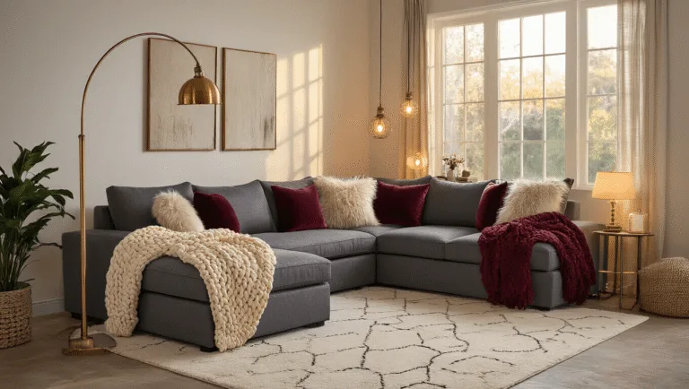 A cozy small living room with a gray modular sectional, warm lighting, and rich textures, featuring a burgundy accent wall, layered fabrics, and decorative elements in a golden hour atmosphere.