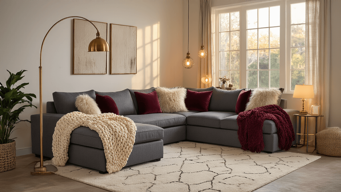 A cozy small living room with a gray modular sectional, warm lighting, and rich textures, featuring a burgundy accent wall, layered fabrics, and decorative elements in a golden hour atmosphere.