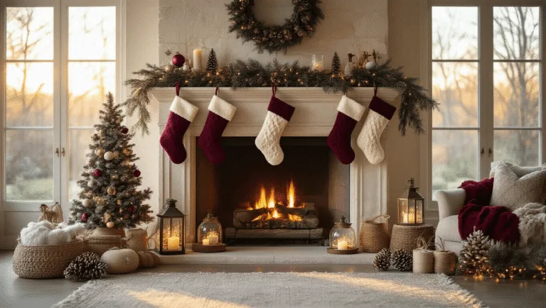 Luxurious living room adorned with handcrafted pom-pom stockings and DIY decorations, featuring a grand limestone fireplace, natural sunlight, and bokeh fairy lights, captured in soft diffused lighting.