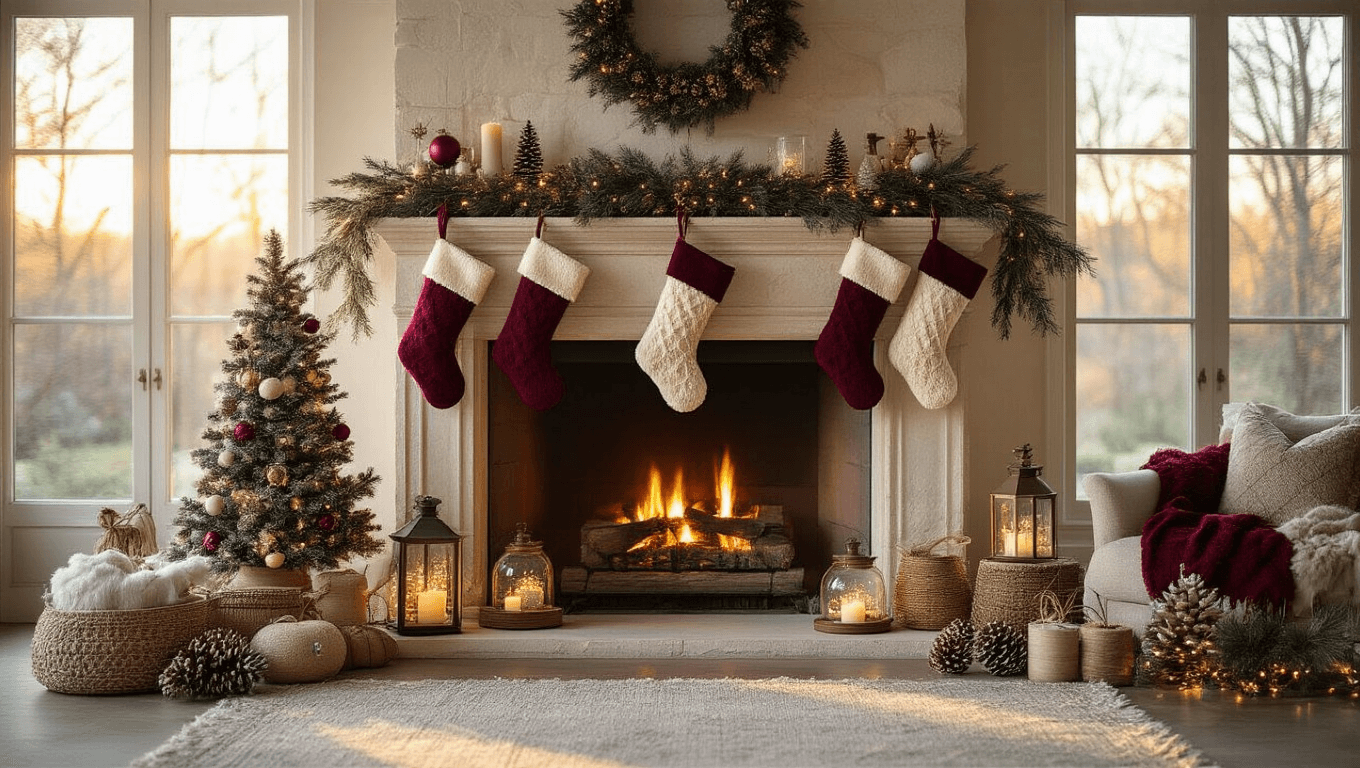 Luxurious living room adorned with handcrafted pom-pom stockings and DIY decorations, featuring a grand limestone fireplace, natural sunlight, and bokeh fairy lights, captured in soft diffused lighting.