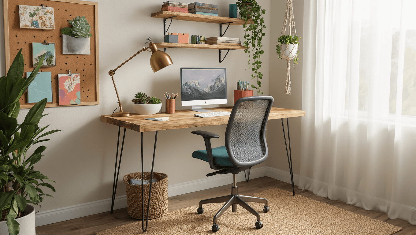 A cozy minimalist home office corner with natural morning light, featuring a reclaimed wood desk, ergonomic chair, floating shelves with plants and books, a macramé plant hanger, and a warm earthy color palette.