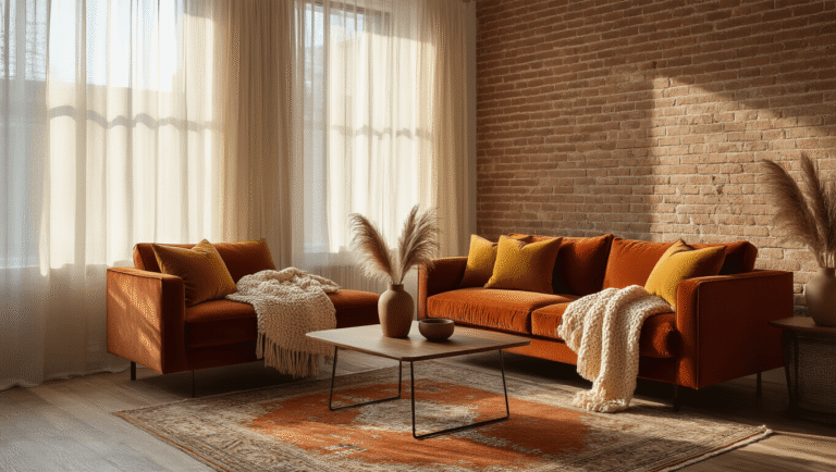 Cozy Comfort: Mastering the Warm Apartment Aesthetic A sunlit modern living room featuring a rust-colored velvet sofa with mustard and caramel pillows, surrounded by warm textures and earthy tones, including an exposed brick wall, vintage Persian rug, and a walnut coffee table styled with dried pampas grass.