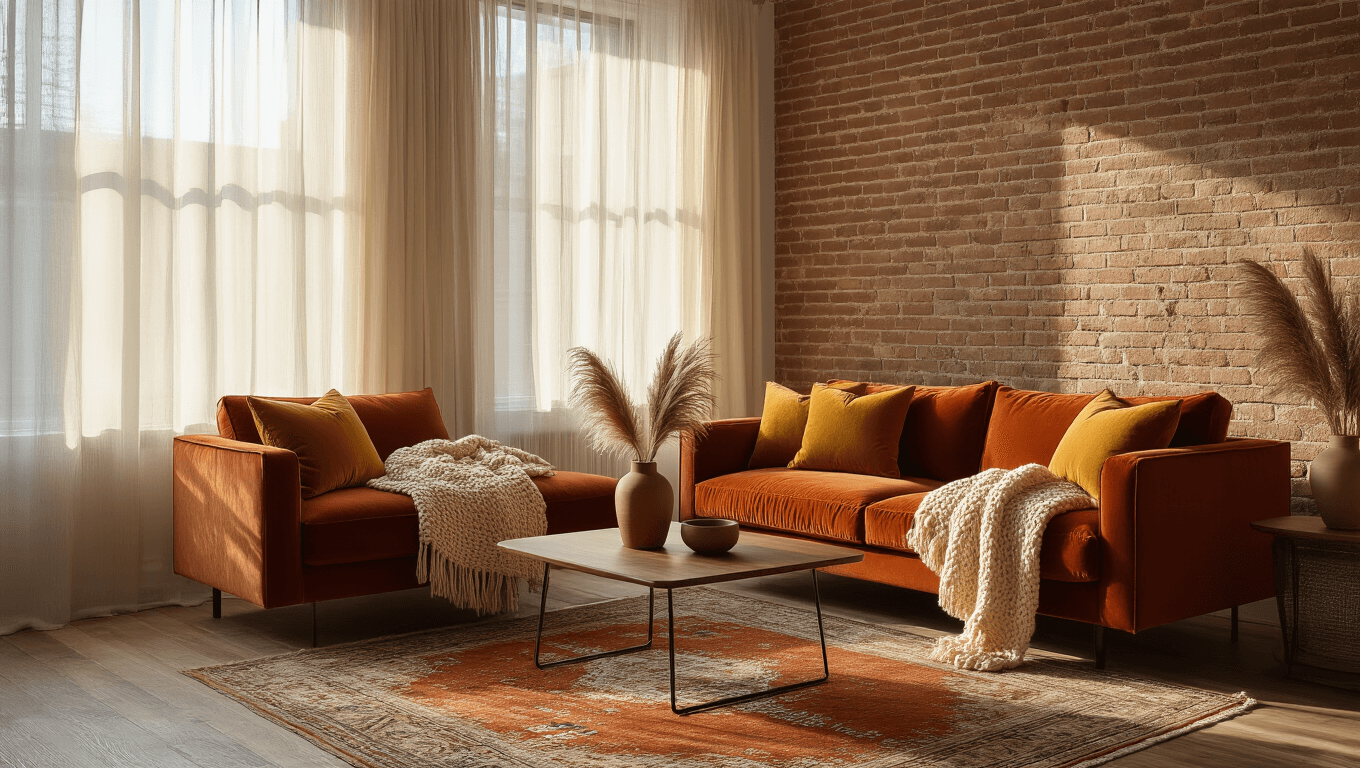 A sunlit modern living room featuring a rust-colored velvet sofa with mustard and caramel pillows, surrounded by warm textures and earthy tones, including an exposed brick wall, vintage Persian rug, and a walnut coffee table styled with dried pampas grass.