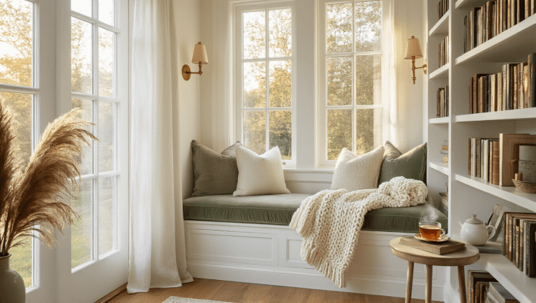Create Your Dream Reading Nook: The Ultimate Guide to Stylish Home Library Shelving Cozy reading nook with built-in white shelving, sage green window seat adorned with chunky knit throws, and a warm golden hour glow creating an inviting atmosphere.