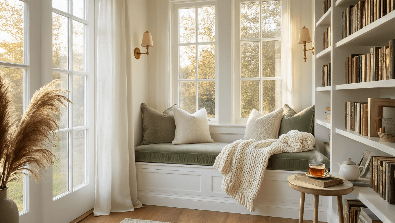 Cozy reading nook with built-in white shelving, sage green window seat adorned with chunky knit throws, and a warm golden hour glow creating an inviting atmosphere.