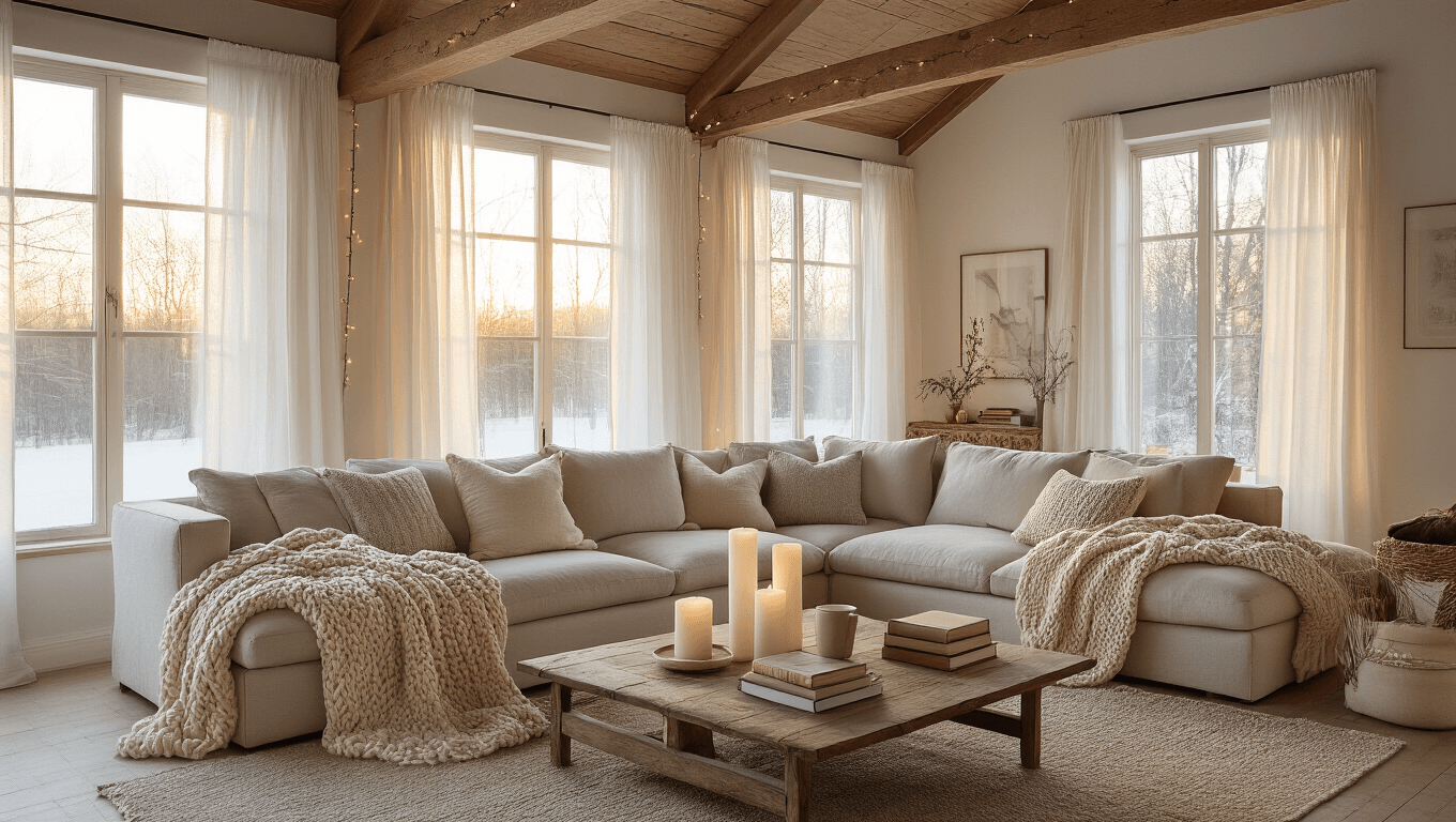 Cozy Scandinavian-inspired living room bathed in golden hour light, featuring a plush L-shaped sofa, warm accents, wooden beams, and a inviting reading nook with a copper floor lamp.