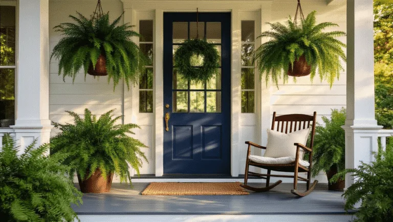 A craftsman-style front porch bathed in golden hour light, featuring lush Boston ferns in copper baskets, a navy blue door, and a vintage rocking chair, with warm wooden floorboards and dappled shadows.