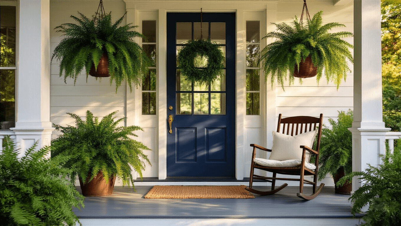 A craftsman-style front porch bathed in golden hour light, featuring lush Boston ferns in copper baskets, a navy blue door, and a vintage rocking chair, with warm wooden floorboards and dappled shadows.
