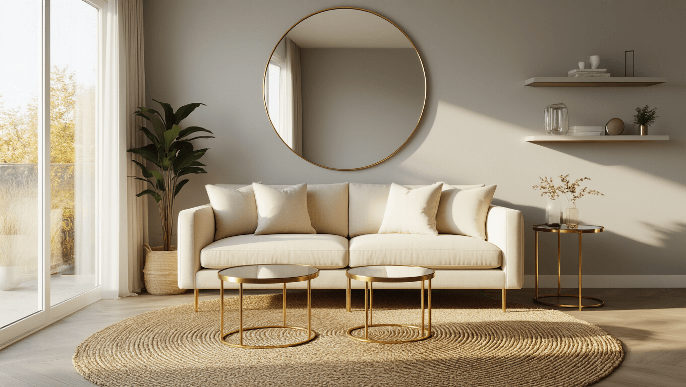 Compact contemporary living room featuring a cream loveseat, brass nesting tables, and a round mirror, illuminated by warm afternoon light through floor-to-ceiling windows.