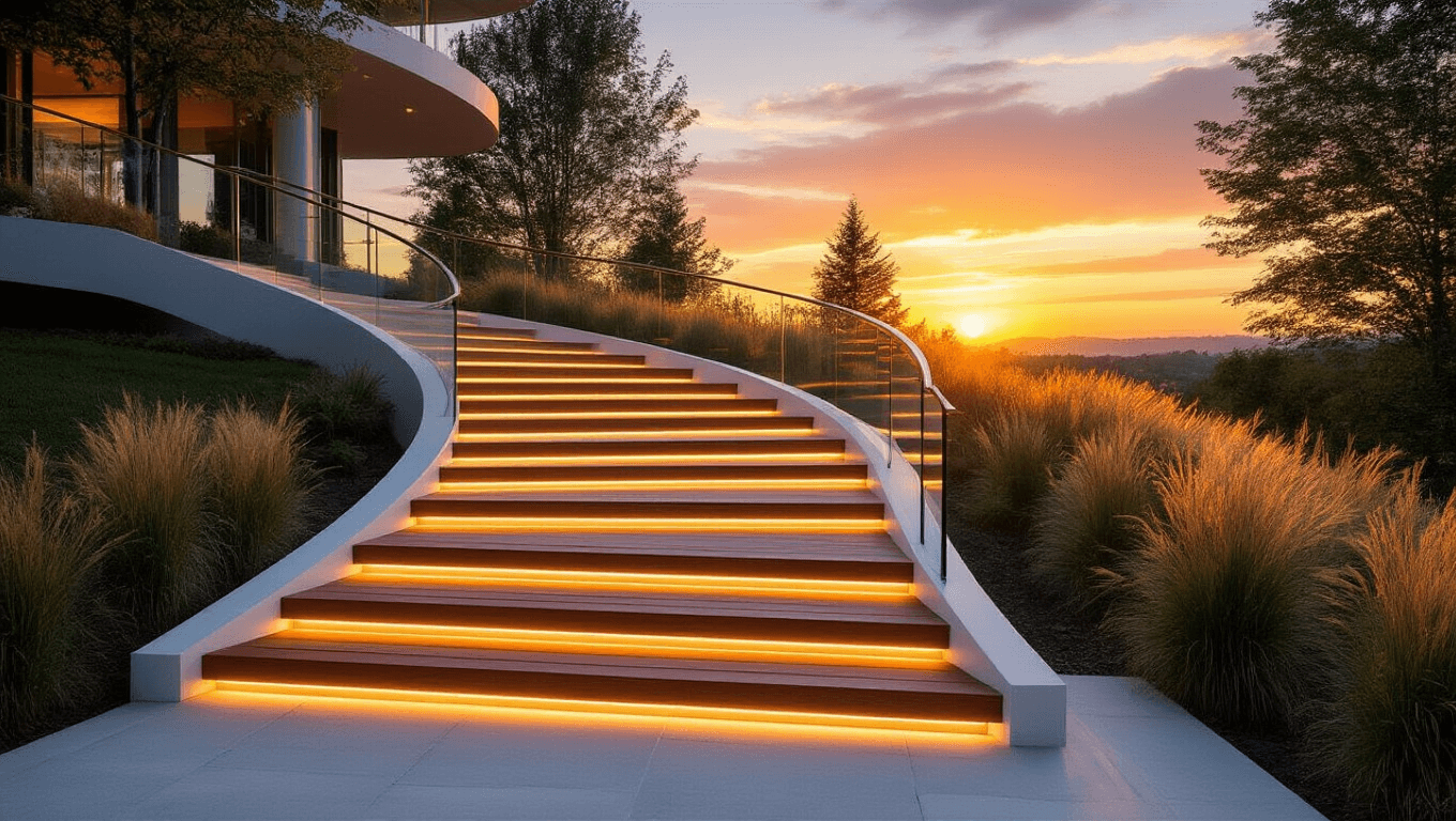 Photorealistic wide-angle image of a grand S-curved composite deck staircase at sunset, featuring warm ipe-colored treads, white risers, and modern glass railings, surrounded by a manicured landscape of ornamental grasses and evergreen trees.