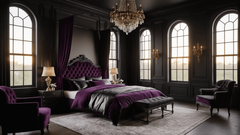 A luxurious dark feminine bedroom with deep charcoal walls, a king-size canopy bed dressed in rich velvet and silk, sheer curtains filtering golden sunlight, and ornate vintage decor, captured in a cinematic wide-angle shot with a moody atmosphere.
