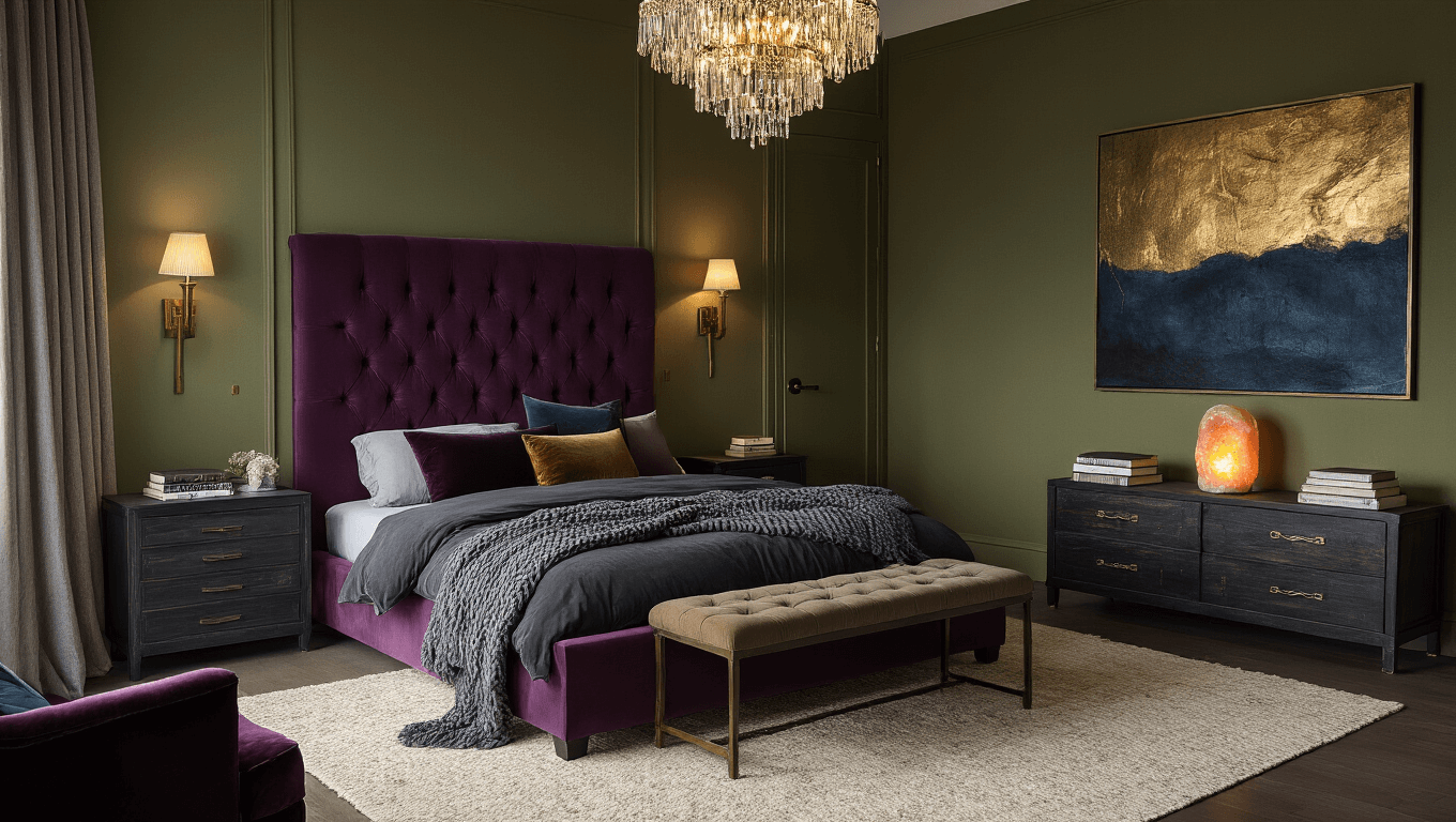 A cinematic wide shot of an elegant master bedroom featuring a deep plum velvet tufted headboard, olive green walls, and warm golden hour lighting. The king-size bed is adorned with charcoal linens and jewel-toned pillows, complemented by a crystal chandelier and vintage brass sconces. Decor includes weathered wood nightstands, an antique book stack, a Himalayan salt lamp, and a black and white gallery wall. The textured cream area rug and dark hardwood floors add warmth, while low-light plants and soft lighting create a moody atmosphere.