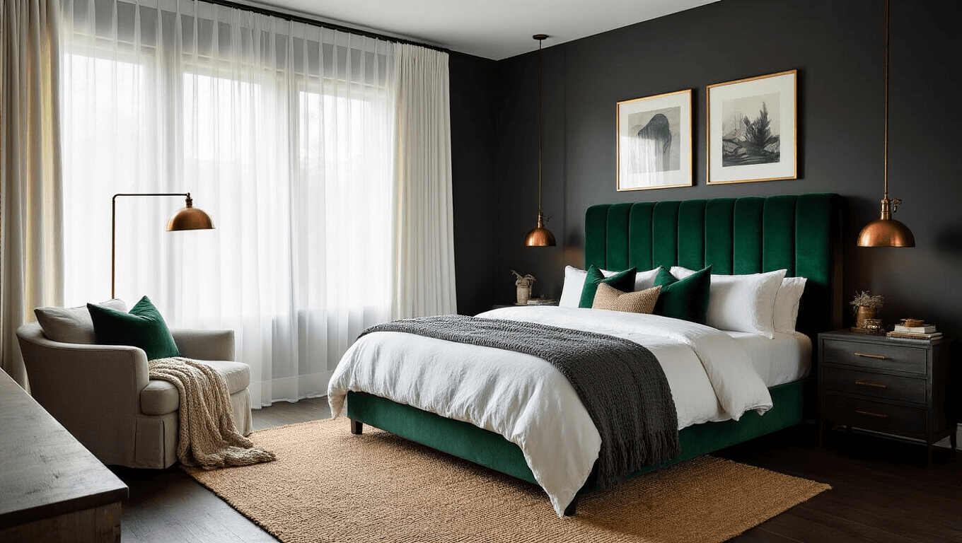 A luxurious bedroom with deep charcoal walls and a rich emerald green velvet headboard, featuring layered white linen bedding, a vintage copper floor lamp, sheer white curtains, and a natural jute rug, all captured in a moody golden hour light.