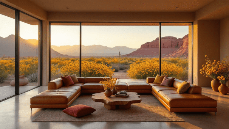 A modern desert great room illuminated by golden hour light, featuring floor-to-ceiling windows showcasing blooming yellow Desert Marigolds against red rock formations, a cognac leather sectional, a mesquite wood coffee table, and handcrafted ceramic vases filled with Ghost Flowers and Desert Lilies, all set on warm limestone flooring.