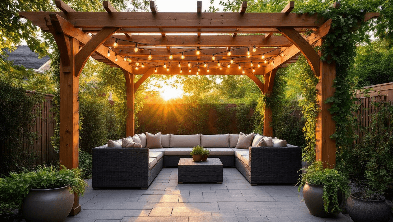 A beautifully crafted DIY cedar wood pergola patio cover adorned with warm Edison bulb string lights at golden hour, featuring rich wood grain, charcoal gray sectional seating, natural stone pavers, lush greenery, and climbing jasmine vines, creating a cozy and inviting atmosphere.