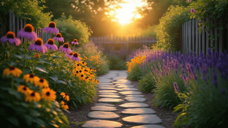 A dreamy cottage garden at sunset, featuring purple coneflowers, black-eyed Susans, and lavender along a flagstone path, complemented by a weathered wooden fence and vintage copper accessories, all bathed in warm, golden light with a soft bokeh effect.