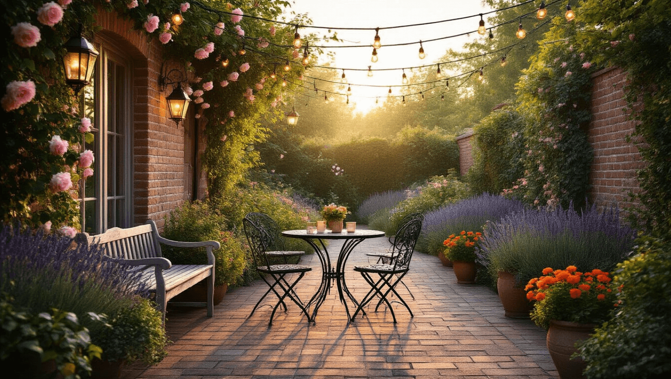 A dreamy cottage garden patio at golden hour featuring a wrought-iron bistro set surrounded by lush English garden plants, climbing roses, vintage string lights, and warm sunlit textures.