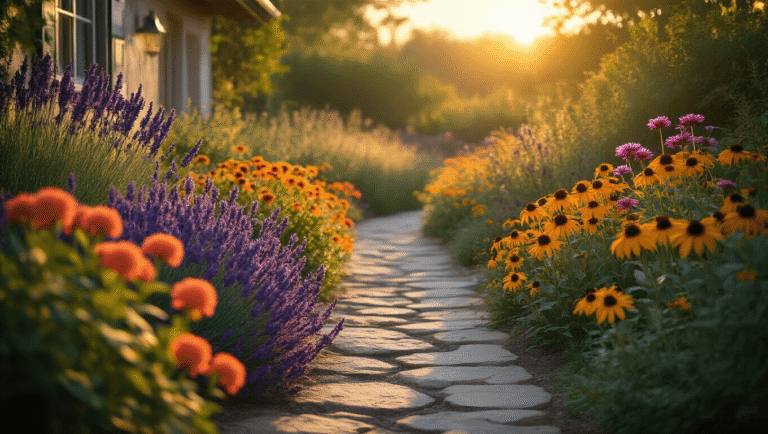 Cinematic wide-angle shot of a sunlit cottage garden with drought-tolerant flowers, featuring coral Lantana, purple Lavender, Black-eyed Susans, and Coneflowers, illuminated by warm golden hour light.