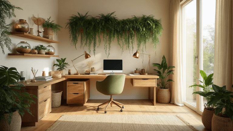 A minimalist home office bathed in golden morning light, featuring a reclaimed wood desk, bamboo flooring, a living wall with ferns, and natural decor elements.