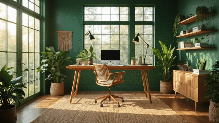 A luxurious home office featuring deep emerald green walls, a bamboo standing desk, large sunlit windows, air-purifying plants, and minimalist decor, all highlighted in warm golden hour lighting with a focus on sustainable materials.