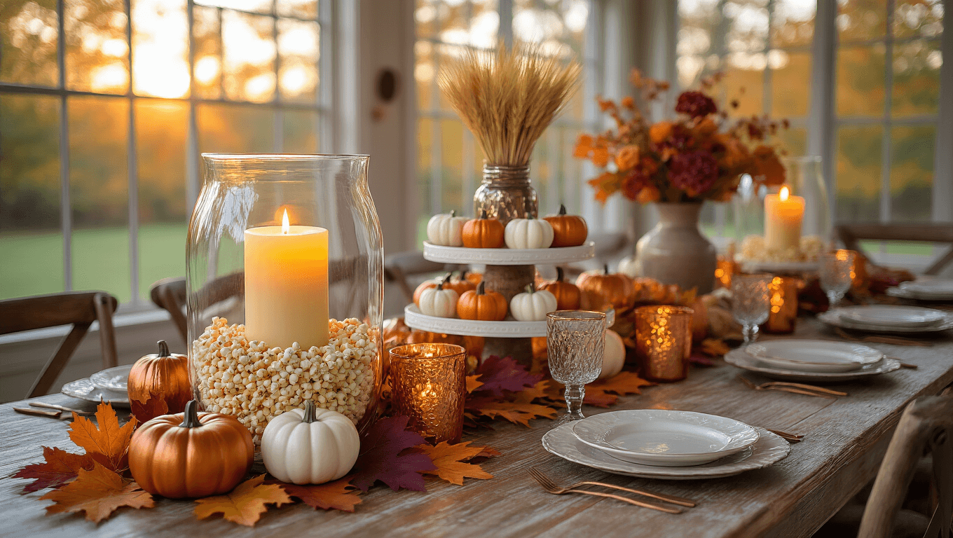 A luxurious fall dining tablescape featuring layered centerpieces, including a glass hurricane vase with a candle, mini pumpkins, and wheat in mason jars, all illuminated by warm natural light.