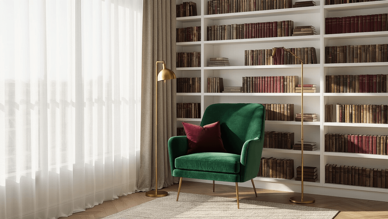 A cozy reading nook featuring white floating shelves filled with books in ombré shades, a deep emerald velvet chair illuminated by golden afternoon light, and a warm brass floor lamp, creating an inviting atmosphere.