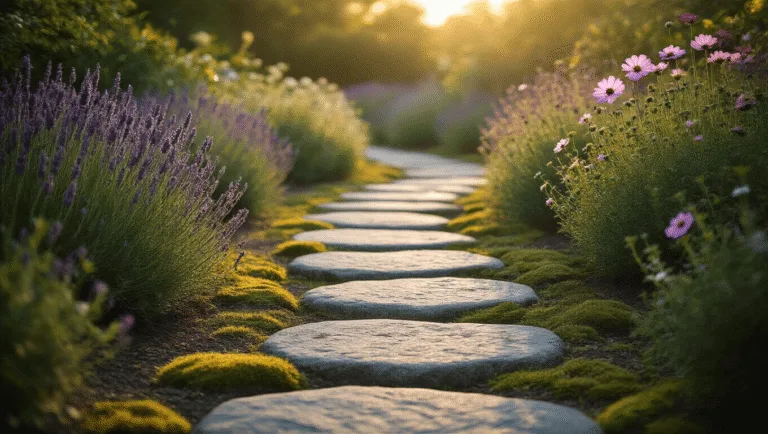 A winding garden pathway of weathered gray granite stepping stones, adorned with moss and surrounded by lush cottage garden plants like lavender and cosmos, illuminated by dappled golden hour sunlight.