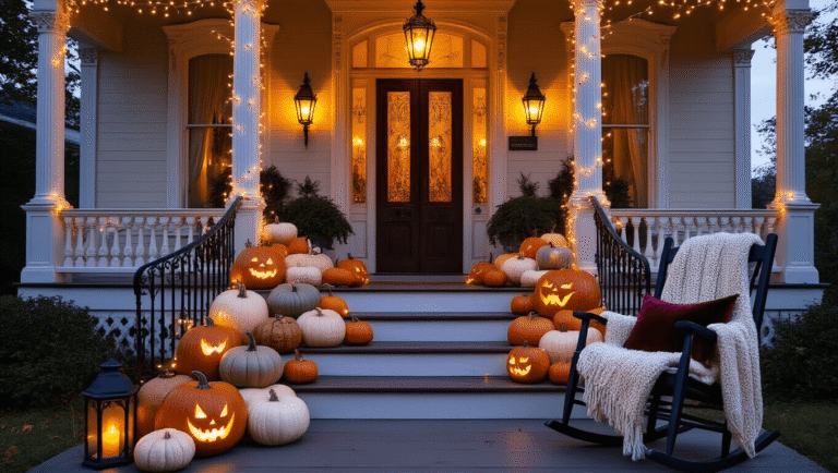 A grand Victorian porch at dusk adorned with warm amber lighting, featuring a beautifully arranged display of heirloom pumpkins, black wrought-iron lanterns, and cosy seating, all enhanced by delicate fairy lights and atmospheric fog.