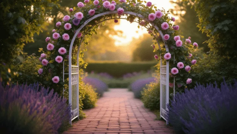 A romantic garden arch entwined with blooming roses at golden hour, framed by a weathered brick pathway and lavender plants, with a dreamy bokeh background and dappled sunlight creating an ethereal atmosphere.