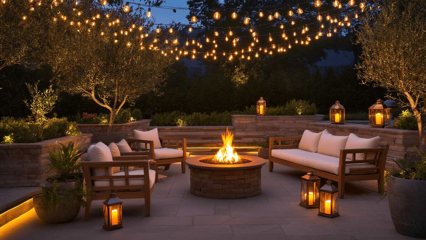 Enchanting patio at twilight with warm ambient lighting from string lights, lanterns, and a fire pit, featuring plush furniture and illuminated plants, creating a cozy and inviting atmosphere.