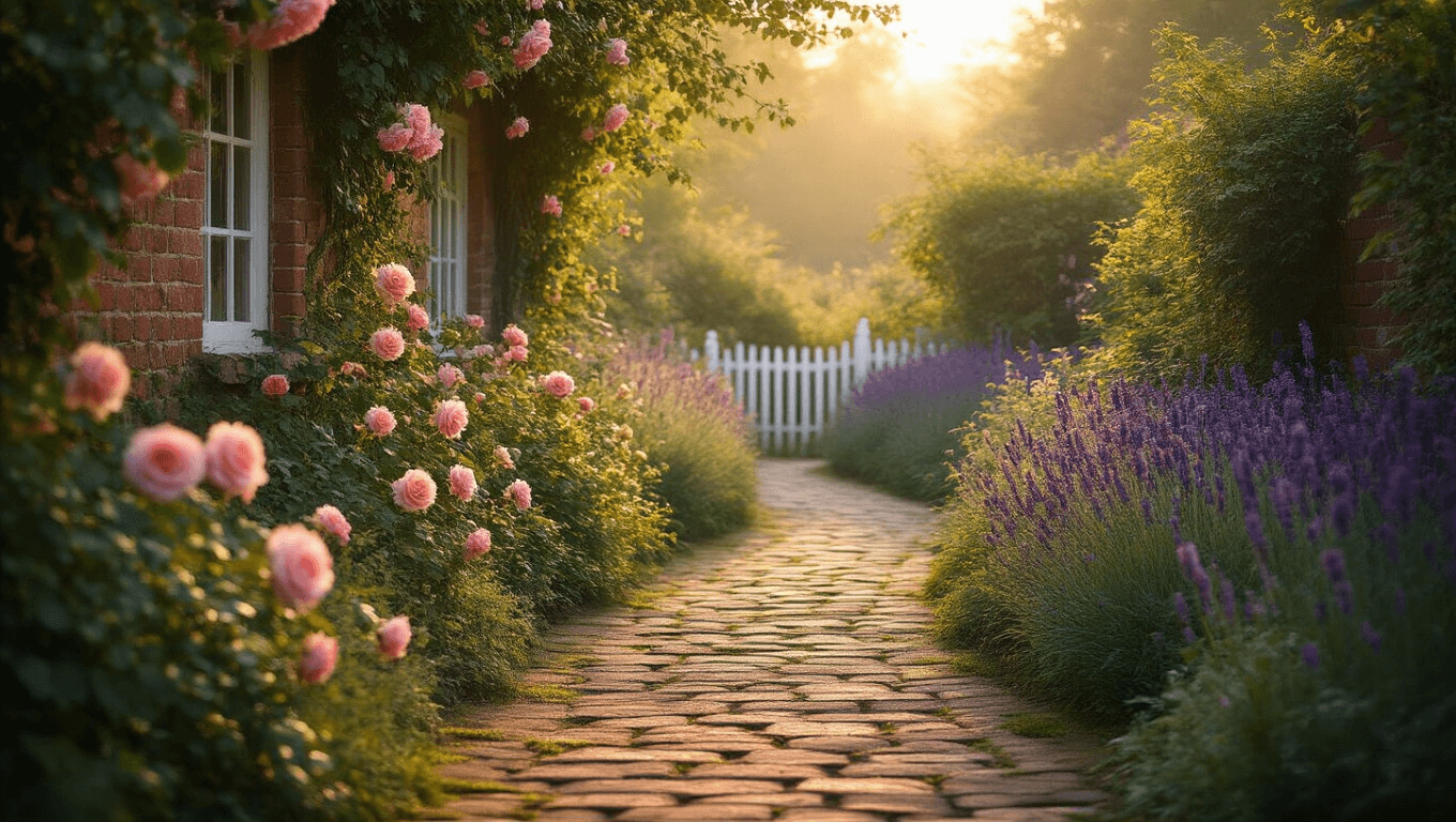 A winding brick garden path at golden hour, lined with cascading David Austin roses and vibrant purple foxgloves, leads to a white picket fence obscured by climbing clematis, surrounded by a dreamy, ethereal atmosphere filled with dappled sunlight and soft, warm lighting.
