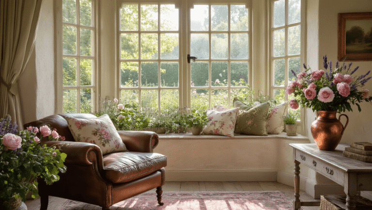 Photorealistic sunlit English cottage living room featuring mullioned windows, weathered leather armchair with vintage floral cushions, antique copper vase with fresh-cut flowers, and layered vintage Persian rugs, all illuminated by golden hour light.