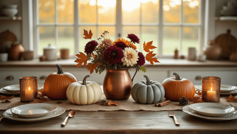 A cozy autumn-themed farmhouse kitchen table adorned with heirloom pumpkins, vintage copper vessels with flowers, and warm golden hour lighting streaming through the windows.
