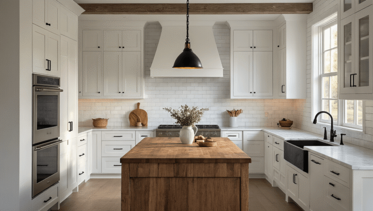 Cinematic wide-angle shot of a modern farmhouse kitchen with white shaker cabinets, marble countertops, rustic butcher block island, and cozy breakfast nook, illuminated by warm golden hour light.