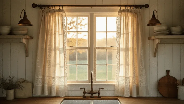 Cinematic wide-angle shot of a sun-drenched farmhouse kitchen bay window with layered linen, lace, burlap, and gingham curtains, casting warm shadows on whitewashed walls; foreground features mason jars with lavender and herbs, vintage enamelware, and potted plants, complemented by cream shaker cabinets and exposed beams in the background.
