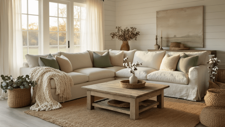 Cinematic wide-angle shot of a cozy farmhouse-style living space during golden hour, featuring a cream linen sectional sofa, reclaimed oak coffee table, vintage jute rug, and a backdrop of a rustic kitchen with white ceramic apron sink and open shelving, all illuminated by warm natural light.