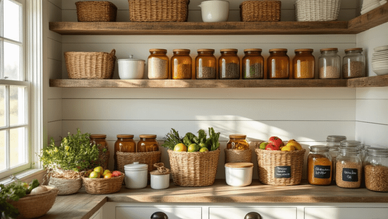 A sunlit farmhouse pantry featuring reclaimed wood shelves, amber glass jars filled with grains and spices, woven baskets of fresh produce, and mason jars with chalkboard labels, all beautifully arranged against whitewashed shiplap walls, illuminated by warm golden hour light.