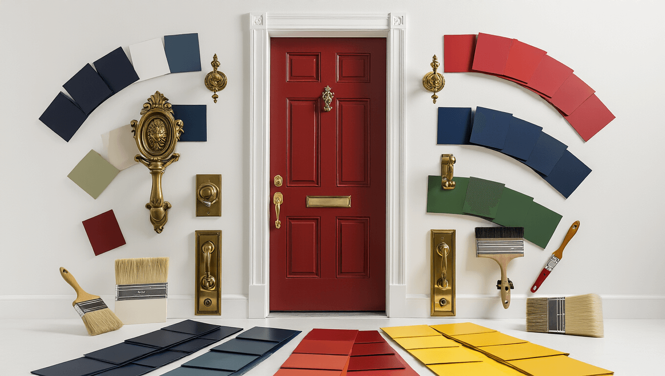 Elegant entryway vignette featuring front door color options with paint samples in rich matte colors, luxurious brass hardware, professional paint brushes, glass paint jars, and textured natural elements, all arranged against a pristine white background with soft studio lighting.