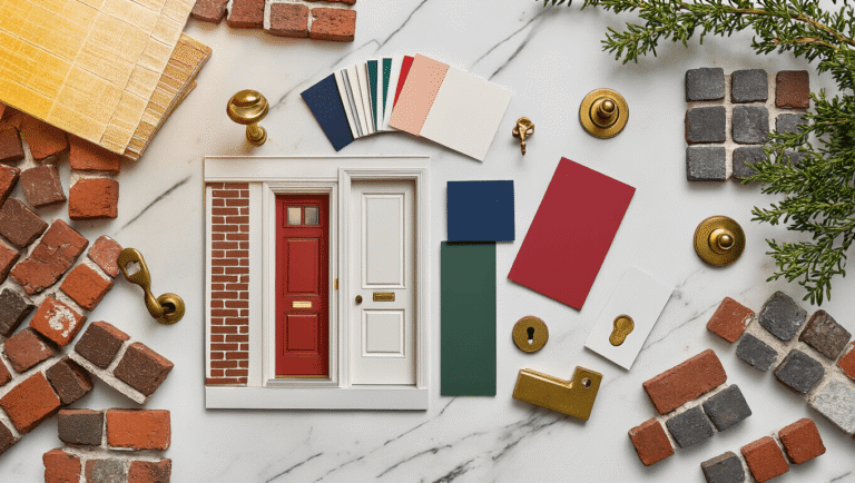 A cinematic flat lay of front door color swatches fanned across white marble, with brick samples in red, white, and gray, golden hour lighting, brass hardware, boxwood sprigs, autumn leaves, a vintage lantern, a color wheel, architect's ruler, and paint brushes, creating a warm and inviting atmosphere.