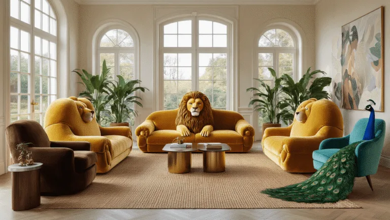 A luxurious living room with giant animal-shaped sofas, featuring a golden velvet lion sofa, a chocolate brown bear armchair, and a teal peacock chaise lounge, under 20-foot ceilings with warm afternoon light, complemented by walnut side tables and tropical plants, all captured in 8K resolution with soft, dramatic lighting.