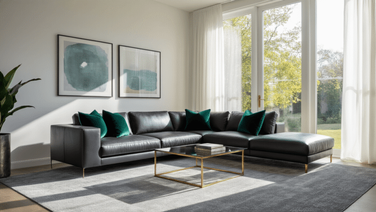 Grey Carpet Magic: Transforming Your Space with Elegance and Versatility Photorealistic interior of a modern living room featuring a plush grey carpet, charcoal leather sectional with jewel-toned pillows, large sunlit windows, and a sleek glass coffee table, all captured in vibrant detail with soft depth of field.